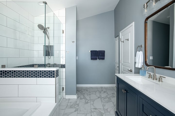 Bathroom remodel with grays and blues